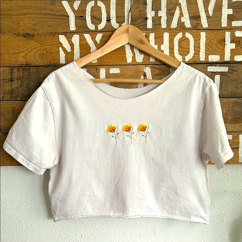 Brandy Melville White Crop Top with Yellow Floral Embroidery